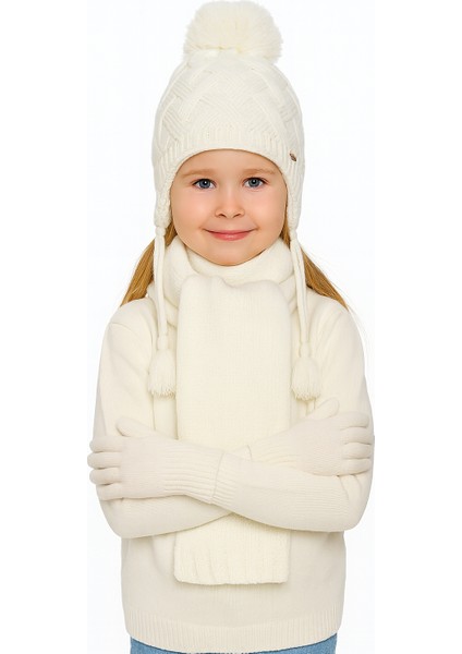 Unisex 4-8 Yaş Çocuk Ponponlu Bere Atkı Eldiven 3'lütakım