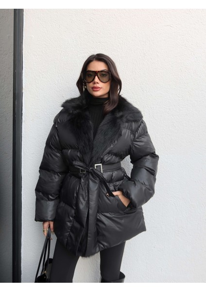 Yaka Kürk Kemerli Şişme Mont