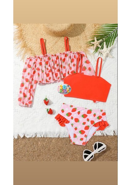 Kırmızı Çilekli Bikini Mayo Büstiyer Bluz Takımı Çocuk Plaj Giyim