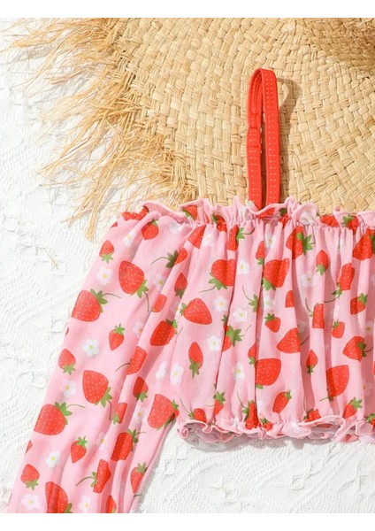 Kırmızı Çilekli Bikini Mayo Büstiyer Bluz Takımı Çocuk Plaj Giyim fırsatları