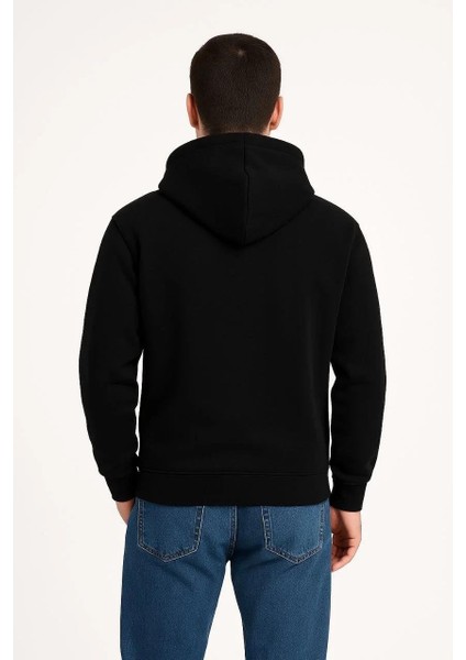 Erkek Üç Iplik Kapüşonlu Kanguru Cepli Sweatshirt Hoodie - Siyah modelleri