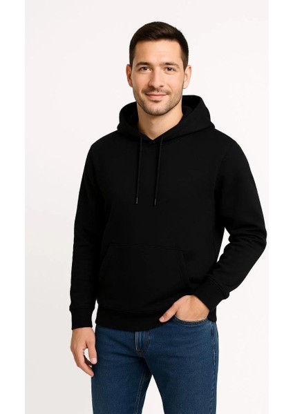 Erkek Üç Iplik Kapüşonlu Kanguru Cepli Sweatshirt Hoodie - Siyah indirimleri