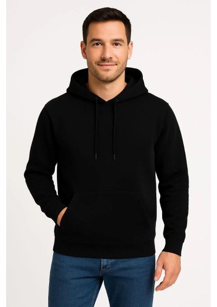 Erkek Üç Iplik Kapüşonlu Kanguru Cepli Sweatshirt Hoodie - Siyah