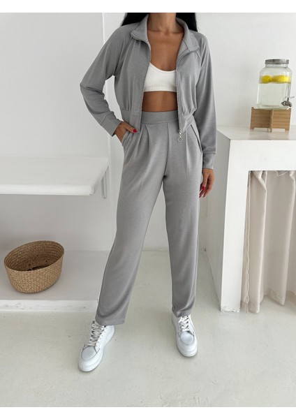 Beli Pensli Fermuarlı Şık Eşofman Takımı / Zip Detail Pleated Waist Elegant Tracksuit Set