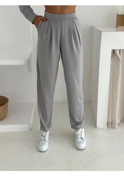 Beli Pensli Fermuarlı Şık Eşofman Takımı / Zip Detail Pleated Waist Elegant Tracksuit Set