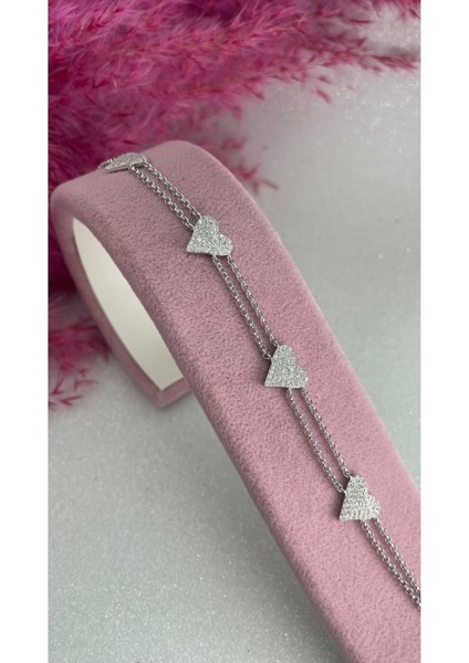 Beyaz Altın Kaplama Ithal Yüksek Kalite Çift Zincirli Minimal Kalp Figürlü 925 Ayar Gümüş Bileklik