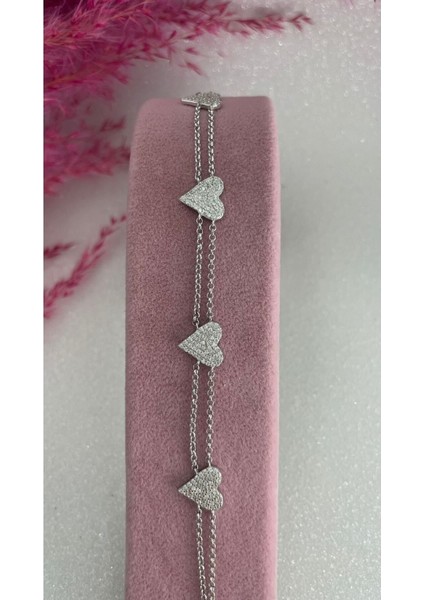 Beyaz Altın Kaplama Ithal Yüksek Kalite Çift Zincirli Minimal Kalp Figürlü 925 Ayar Gümüş Bileklik fiyatları