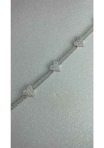 Beyaz Altın Kaplama Ithal Yüksek Kalite Çift Zincirli Minimal Kalp Figürlü 925 Ayar Gümüş Bileklik modelleri