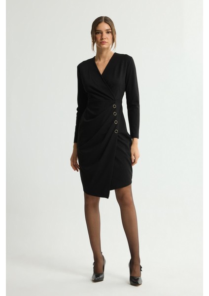 V Yaka Drapeli Önü Düğmeli Elbise Siyah 124L9680000