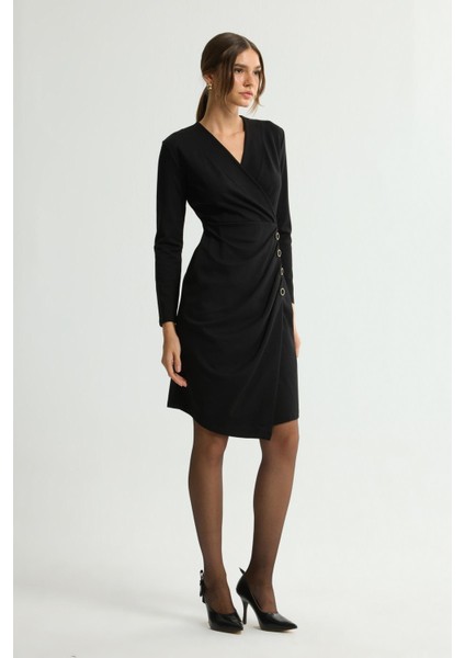 V Yaka Drapeli Önü Düğmeli Elbise Siyah 124L9680000 indirimleri