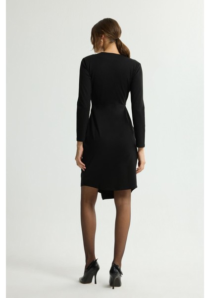 V Yaka Drapeli Önü Düğmeli Elbise Siyah 124L9680000