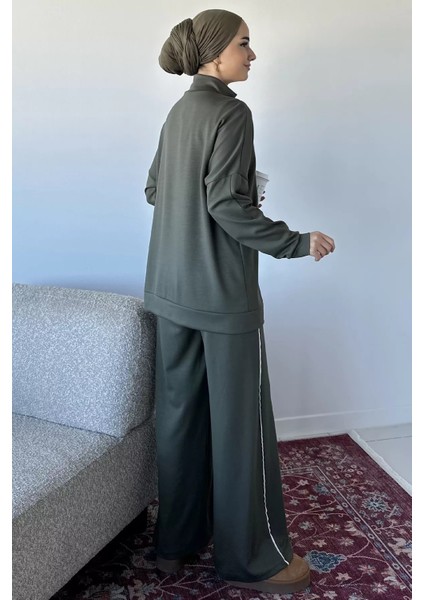 Ön Fermuarlı Şeritli Tunik Bel Lastikli Pantolon Tesettür Ikili Takım P-00018992 fırsatları