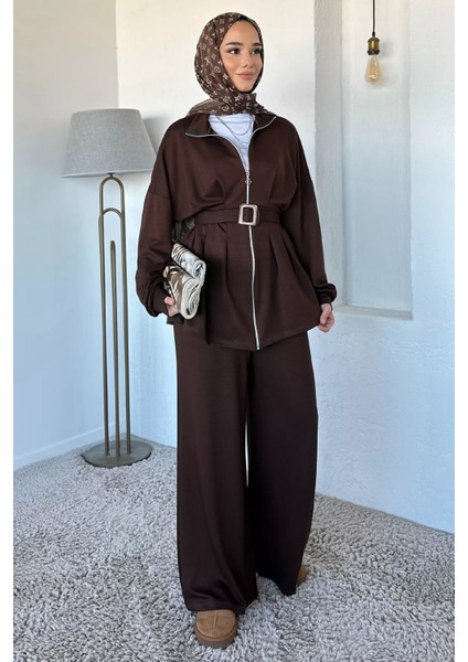 Ön Fermuarlı Pileli Tunik Bel Lastikli Pantolon Tesettür Ikili Takım P-00018989
