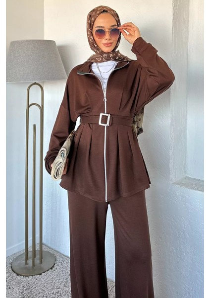 Ön Fermuarlı Pileli Tunik Bel Lastikli Pantolon Tesettür Ikili Takım P-00018989 modelleri