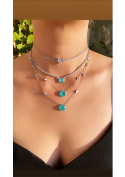 Rodyum Kaplama Turkuaz Parabaı Taşlı Su Yolu Choker Kolye modelleri
