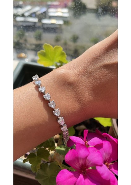 Beyaz Altın Kaplama Ithal Yüksek Kalite Üretim Kalp Montür 925 Ayar Gümüş Bileklik, Kalp Bileklik