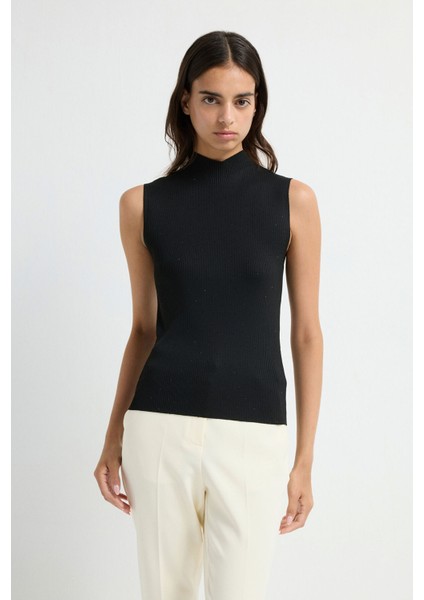 Taşlı Boğazlı Kolsuz Triko Bluz Siyah 11544473001