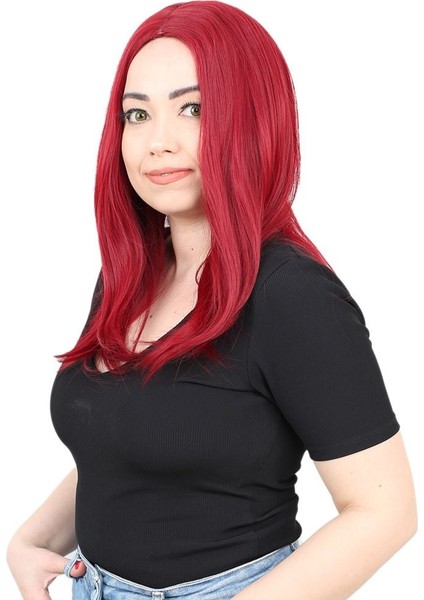 Kahkülsüz Fiber Sentetik Orta Boy Düz Peruk / Kızıl modelleri