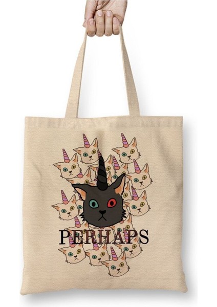 Unicorn Cat Kedi Beyaz Bez Çanta Uzun Saplı Alışveriş Çantası Plaj Çantası