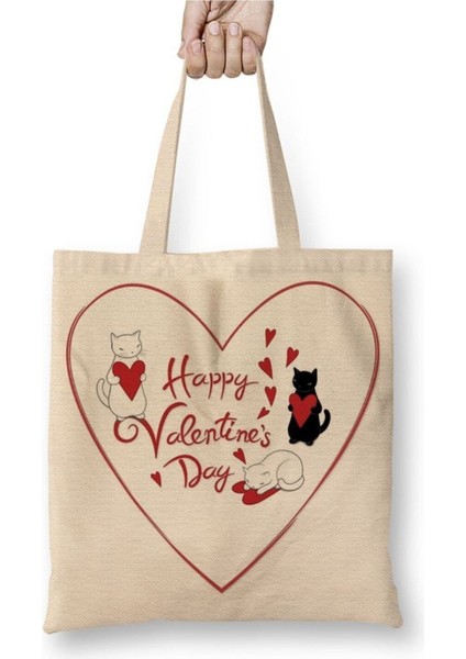 Aşk Kediler Happy Valentine's Cats Beyaz Bez Çanta Uzun Saplı Alışveriş Çantası Plaj Çantası