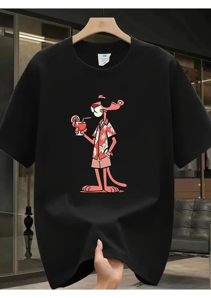 Pembe Panter Baskılı Erkek Oversize Günlük Kısa Kollu Tişört Ilkbahar ve Yaz Için Mükemmeldir - Siyah