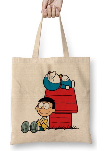 Doraemon Anime Dizi Beyaz Bez Çanta Uzun Saplı Alışveriş Çantası Plaj Çantası
