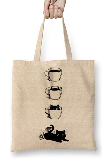 Yaramaz Kedi Kahve Fincanıtemalı Beyaz Bez Çanta Uzun Saplı Alışveriş Çantası Plaj Çantası