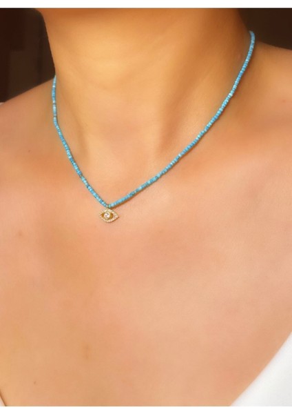 Turkuaz Doğal Taşlı Minimal Göz Kolye 925 Ayar Gümüş