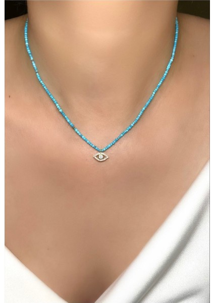 Turkuaz Doğal Taşlı Minimal Göz Kolye 925 Ayar Gümüş modelleri