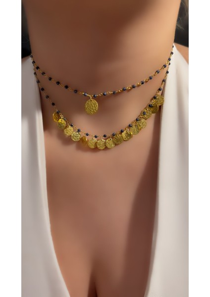 Mavi Akik Pul Detaylı Vintage Tarz Kolye