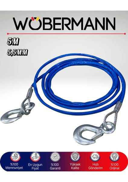 5m 5,5mm Çelik Halatlı Araç Çekme Halatı – Kancalı ve Pvc Kaplamalı