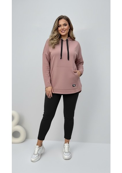 Kadın Büyük Beden Uzun Kollu Kapüşonlu Kanguru Cepli Sweatshirt 2016