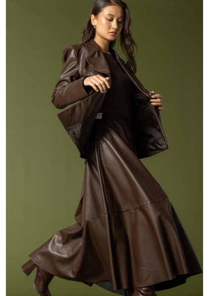 Parçalı Kloş Deri Etek KAHVE 7065