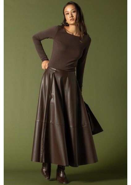 Parçalı Kloş Deri Etek KAHVE 7065 fiyatları