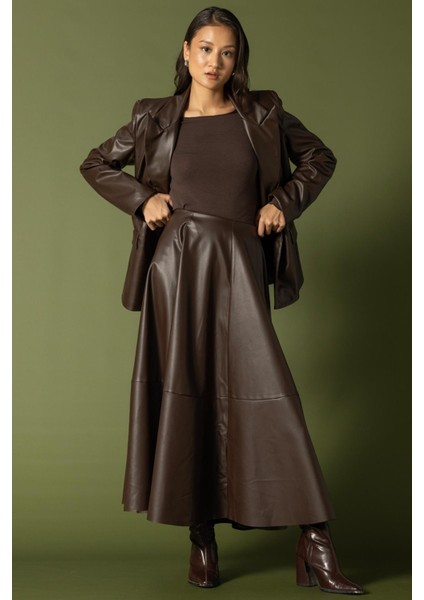 Parçalı Kloş Deri Etek KAHVE 7065 modelleri