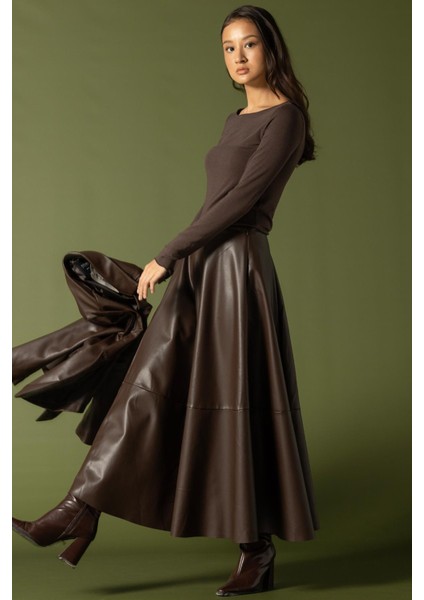 Parçalı Kloş Deri Etek KAHVE 7065 fırsatları