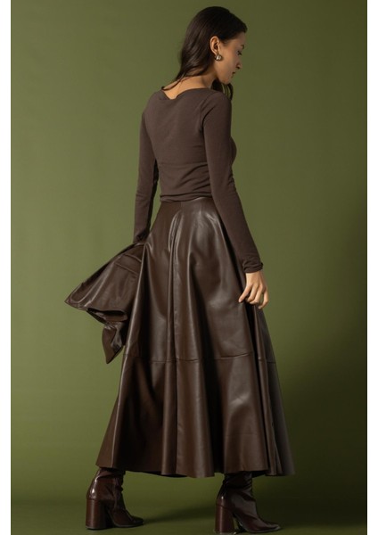 Parçalı Kloş Deri Etek KAHVE 7065 indirimleri