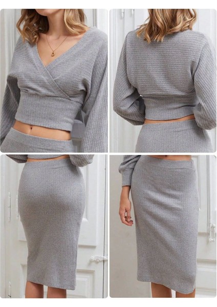 Kruvaze Şardonlu Etekli Takım Gri modelleri