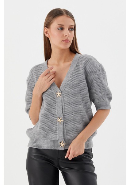 Yıldız Düğmeli Kısa Kol Hırka Grı