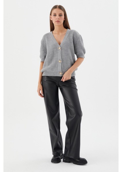 Yıldız Düğmeli Kısa Kol Hırka Grı modelleri