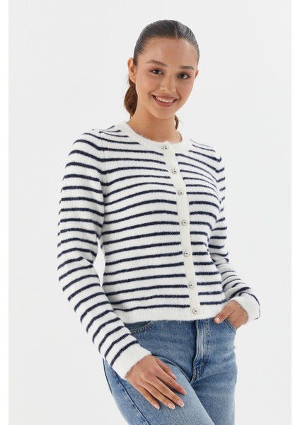 Çizgili Triko Hırka Ekru