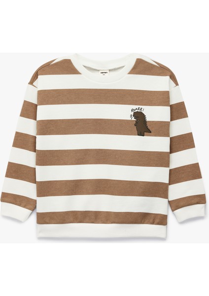 Pamuklu Şardonlu Uzun Kollu Bisiklet Yaka Dinozor Baskılı Çizgili Sweatshirt