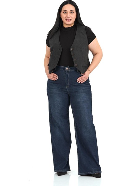 Büyük Beden Düğme Kapamalı Cep Kapaklı Astarlı Kısa Kaşe Koyu Gri Yelek