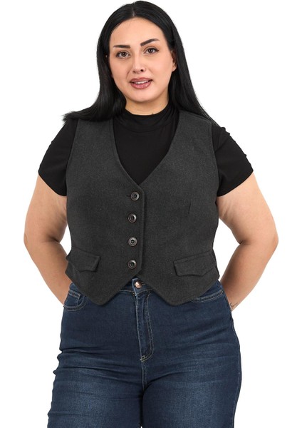Büyük Beden Düğme Kapamalı Cep Kapaklı Astarlı Kısa Kaşe Koyu Gri Yelek fiyatları