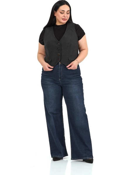 Büyük Beden Düğme Kapamalı Cep Kapaklı Astarlı Kısa Kaşe Koyu Gri Yelek fırsatları