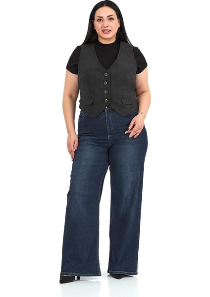 Büyük Beden Düğme Kapamalı Cep Kapaklı Astarlı Kısa Kaşe Koyu Gri Yelek indirimleri