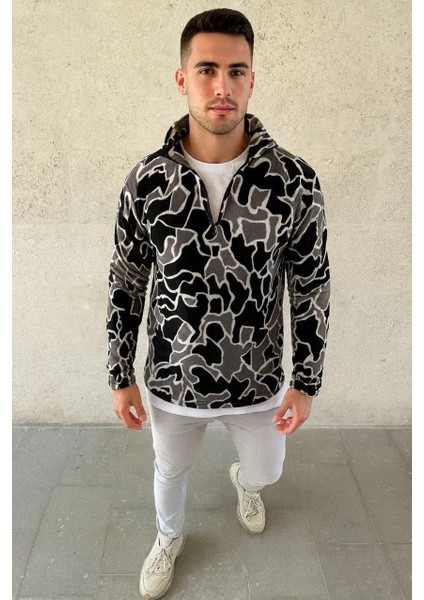 Erkek Yarım Fermuarlı Desenli Polar Sweat Yakalı, Uzun Kollu, Oversize Rahat Kalıp - Siyah