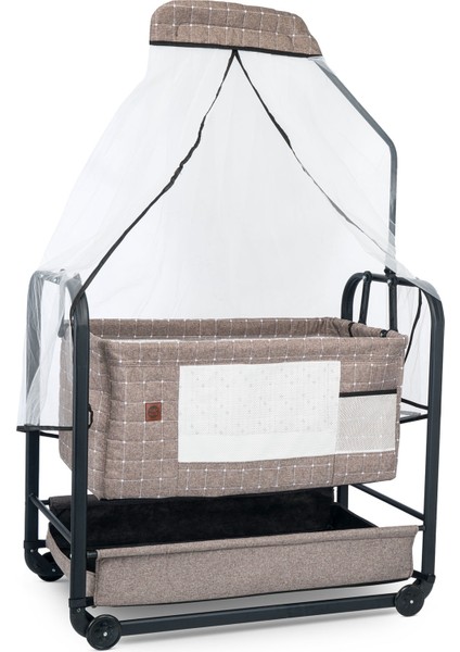 Bebelovv Elegance Beşik Keten Kumaş Profil Sallanabilir Portatif Anne Yanı Cibinlikli Siyah Hamak Sepet