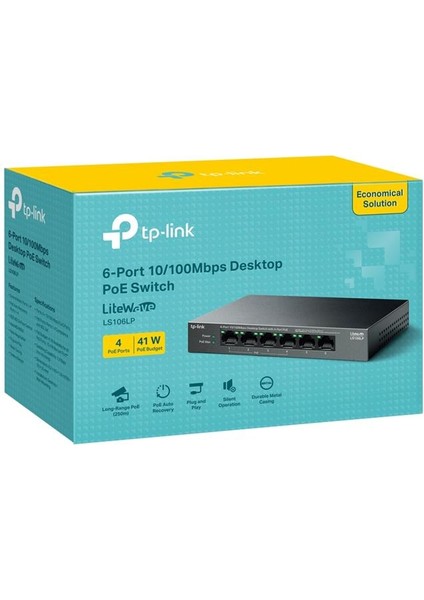 Tp-Lınk LS106LP 4 Port 10/100 + 2 Port RJ45 Uplınk 41W 250 Metre Poe Mesafe Metal Kasa Swıtch