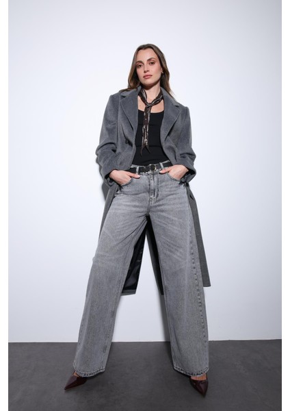 Antrasit Yün Karışımlı Kruvaze Kadın Kaban